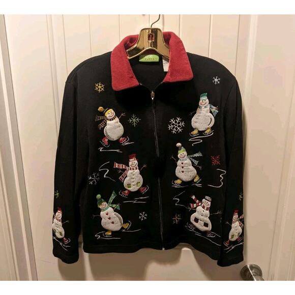 Vintage Onque Casuals Black Zip Snowman Ugly Christmas Sweater Party Size S - Picture 1 of 10